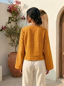 Blusa de Lino con Cuello en V para Mujer, Manga Larga con Volantes, Estilo Bohemio Vintage para Oficina, Transpirable, Color Sólido, Primavera Verano - Product Image 5