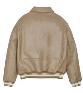 Blouson Bomber Homme Beige en PU, Col Rabattu, Fermeture Éclair, Coupe Droite Décontractée, Couleur Unie avec Bordure Tricotée pour l'Automne - Product Image 2