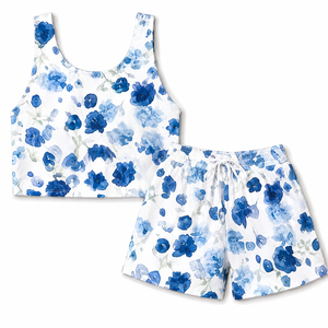 Women Breathable Collarless <b>Blue</b> Floral Printed 2 Piece Set Sleeveless <b>Crop</b> Tank <b>Top</b> Elastic Waist Shorts Casual Summer Outfit - Product Image 3