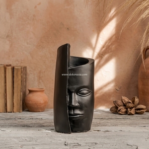 Severo Black Doff Handcrafted Earthenware <b>Ceramic</b> Face Vase Mask Sculpture Decorative Tabletop Vessel Modern Design 15x35cm - Product Image 2