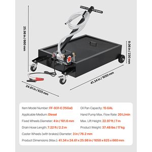 Vasca di raccolta olio mobile da 15 galloni con tubo da 2,2 m, pompa elettrica a basso profilo, a prova di perdite, resistente alla corrosione, per pompe dell'olio - Product Image 6