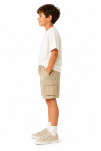 Shorts cargo décontractés pour garçons, vêtements d'été pour enfants, shorts en coton doux à taille élastique avec cordon de serrage, confortables, couleur beige - Product Image 2