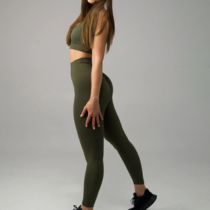 Conjunto de Yoga Verde Oliva de 2 Piezas, Top Corto y Leggings Largos, Sin Costuras, Cintura Alta, Sin Mangas, Color Sólido, Ropa Deportiva - Product Image 5