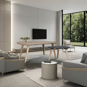Scandinavian Modern Living Room White Wash Nested Coffee <b>Table</b> Set of 2 with Pebble-Shaped <b>Tops</b> and <b>Solid</b> <b>Wood</b> Tripod Legs for - Product Image 1