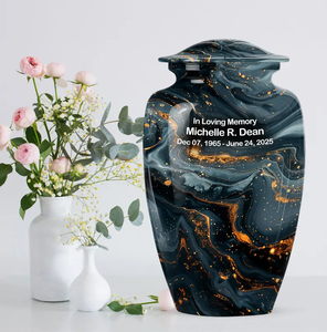 Modern Blue Abstract Aluminium Urn Round <b>Keepsake</b> <b>Ashes</b> Vase Metal Memorial Sympathy Decor - Product Image 2