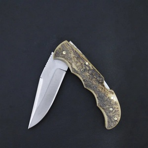 Couteau pliant en acier Damas de qualité supérieure, manche ergonomique en bois de cerf, lame à pointe tombante, étui en cuir, chasse, camping, survie, OEM - Product Image 2