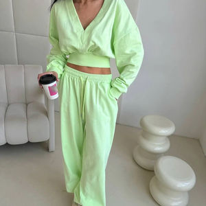 2026 Women's Casual Solid Pattern Crop Hoodie Joggers Breathable Fleece Track Suit Long Plain Dyed Technics for Active Wear - Product Image 4