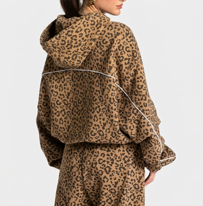 Custom Logo Leopard Print Oversize Contrast Pipping Women's <b>Tracksuit</b> Leopard Pullover Contrast Lining Hoodie & Jogger For Women - Product Image 2