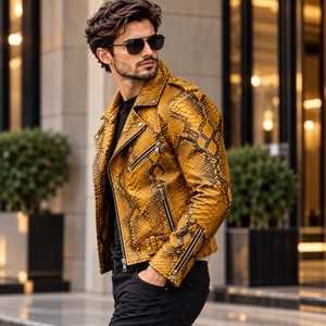 Mens Mustard Yellow Embossed Genuine Leather <b>Biker</b>/Motorcycle <b>Jacket</b> with Zipper Pockets Breathable Winter Wear - Product Image 2
