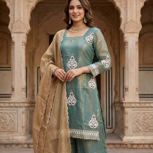 Ramdev Trading Elegant Women's Modern Party Wear Fendy Silk <b>Kurti</b> Palazzo Set with Heavy Sequence Work Quick Dry - Product Image 1