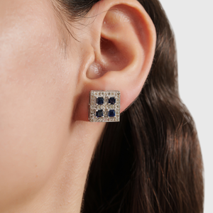 Handmade Solid 925 Sterling Silver Princess Cut Natural Blue Sapphire & Diamonds Accent Square Shape <b>Stud</b> <b>Earrings</b> - Product Image 2