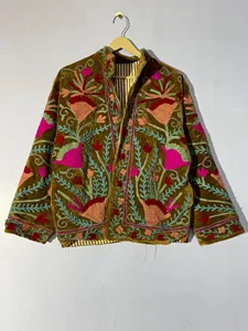 Chaqueta Suzani de Terciopelo Marrón Premium con Bordado Floral, Estilo Bohemio, Manga Larga, Cuello Alto, Ropa de Abrigo de Invierno para Mujer - Product Image 1