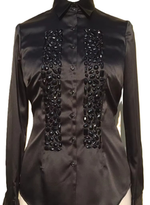 black <b>Satin</b> Button-Down <b>Blouse</b> with Crystal-Style Buttons - Product Image 3
