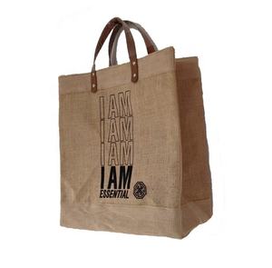 Bolso grande de lino y yute con logotipo impreso personalizado y asa de cuero, bolso de compras de lona de algodón ecológico personalizado - Product Image 1