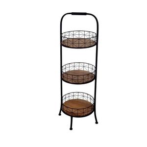 Panier à fruits à 3 niveaux en métal noir avec poignée en bois pour le rangement de la cuisine - Product Image 1