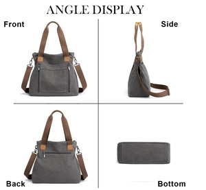 Sac fourre-tout en toile taille moyenne gris avec poignées marron, fermeture éclair, bandoulière, utilisation quotidienne fonctionnelle - Product Image 2