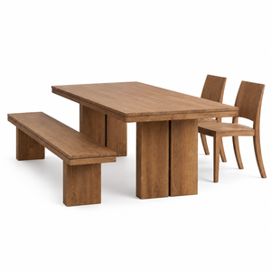Ensemble de table à manger en teck de style Japandi haut de gamme, meubles modernes à structure en blocs - Product Image 2