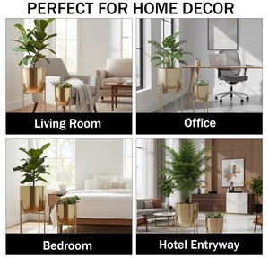 Ensemble de 2 supports à plantes modernes en métal doré avec pots de fleurs ronds en métal, supports de pots de fleurs hauts pour l'intérieur et l'extérieur, pour le salon - Product Image 4