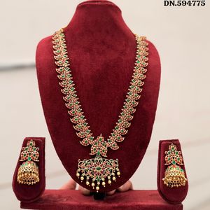 Traditional South Indian Temple Long Bridal Necklace <b>Set</b> Alloy Gold Plated Zircon Earrings Vintage Wedding Anniversary Party - Product Image 2