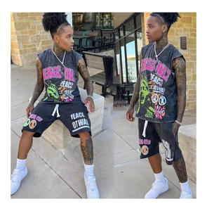 Ensemble 2 pièces personnalisé : T-shirt sans manches en coton et short pour homme, imprimé sérigraphié, effet délavé à l'acide, ourlet brut, style décontracté jogger - Product Image 1