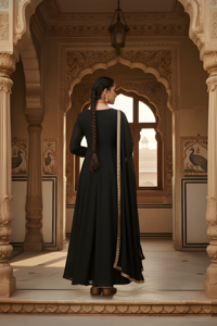 Ensemble Kurta et Dupatta Noir Uni Festif en Tissu Georgette avec Bordure en Dentelle, Manches Longues, Longueur Cheville, pour Grossistes - Product Image 4