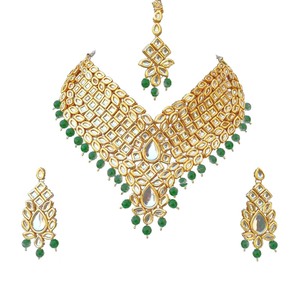 Vintage Style Kundan Flower Shape Alloy 24K Gold Plated Jewelry Set Necklace Earrings Headpiece Wedding Anniversary - Product Image 3