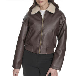 Chaqueta Bomber Vintage para Hombre, de Cuero Sintético Marrón, con Cuello de Piel Sintética Sherpa, Cierre de Cremallera, Abrigo de Invierno - Product Image 4