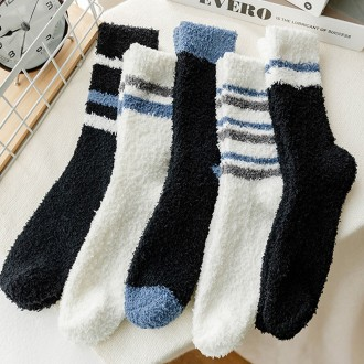 Juncap Men's Adult Student Thick Fleece Mid-Length Sleep Socks Color Block Tube Design