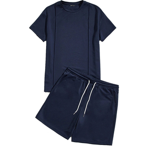 Ropa al por Mayor, Conjunto de Camiseta y Pantalones Cortos de Algodón Azul Marino para Hombre, Manga Corta, Cuello Redondo, Corte Regular, Color Sólido, Ropa Casual - Product Image 2