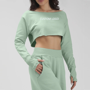 Women's Off Shoulder Cropped Sweatshirt Mint Green Long Sleeve Distressed <b>Hem</b> Custom Logo Crop <b>Top</b> - Product Image 1