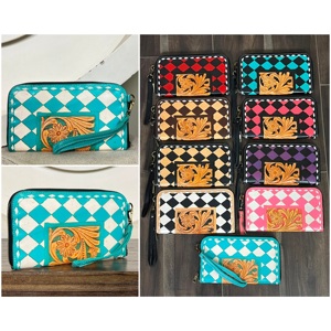 New Arrival Diamond Pattern Western Floral <b>Women</b> <b>Clutches</b> Hand Tooled Genuine Leather RFID Card Holder Wristlet Evening Wallet - Product Image 1