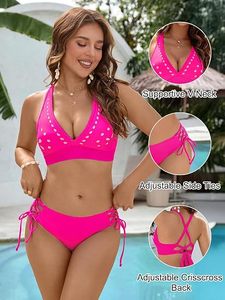 Women's Pink Dot Print Bikini Set Deep <b>V</b> Neck Push Up Top Tie Side Bottoms Stretch Spandex Polyester Swimwear Regular Fit - Product Image 4