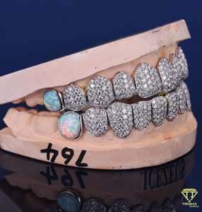 Custom Fit Pave Setting Grillz with Multi Colored Opal Moissanite and <b>Diamonds</b> 925 Sterling <b>Silver</b> Iced Out <b>Teeth</b> Jewelry - Product Image 2