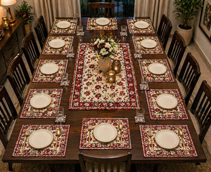 Burgundy Maroon Hand Block Print <b>Table</b> Mat Set White Cotton Placemats Export Quality Washable <b>Dining</b> Decor Masterpiece Set - Product Image 5