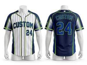 Camiseta de Béisbol Personalizada para Hombre, Blanca con Rayas Azul Marino y Verdes, con Botones, Sublimada, Transpirable, de Manga Corta, Corte Regular, para Adulto - Product Image 1