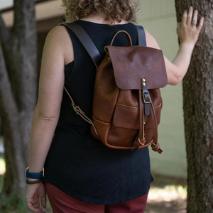 Vintage Genuine Leather Mini <b>Backpack</b> With <b>Drawstring</b> Closure Shoulder Strap Interior Compartment Canvas Lining Daily Use - Product Image 5