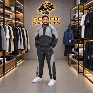 REXFIT SPORTS 2026 Chándal de nailon gris y negro personalizado para hombre, chaqueta con cremallera y bloques de color, y pantalones con cordón, ropa deportiva de marca privada - Product Image 1