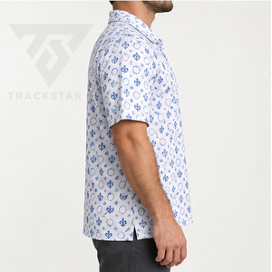 Camisa Polo Trackstar para Hombre, Blanca y Azul con Estampado de Flor de Lis, Manga Corta, Cuello con Botones, Camisa de Golf con Logotipo Personalizado - Product Image 3
