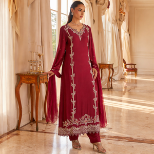 Conjunto de traje Jalabiya pakistaní de diseñador Sabrina |   Kurta estilo kaftán de georgette color granate oscuro, bordado con trabajo Zari, para fiesta, sin arrugas. - Product Image 3