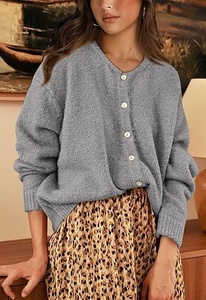 Cardigan gris en tricot pour femme, boutonné sur le devant, manches longues, col en V, pull décontracté, couleur unie, 100% acrylique, vêtements d'automne - Product Image 4
