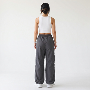 <b>Grey</b> Nylon Windbreaker <b>Women's</b> Parachute Track Pants Wide Leg <b>Cargo</b> <b>Trousers</b> with Drawstring Cinch Ankle - Product Image 3