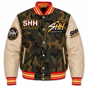 SHH INDUSTRIES Custom Camo Varsity <b>Jacket</b> <b>Men</b> Embroidered Logo Baseball Bomber <b>Jacket</b> Leather Sleeves Streetwear Letterman - Product Image 1