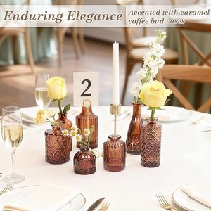 12-Piece <b>Small</b> Caramel Coffee Brown Etched Glass Bud Vase Set Unique Windowpane Shapes with <b>Weighted</b> Base for Display Windowsill - Product Image 3