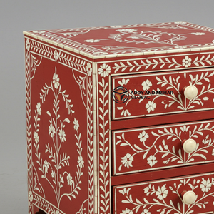 Mesita de Noche Moderna de 2 Cajones con Incrustaciones de Hueso Rojo, Ecológica y Hecha a Mano, con Patrón Floral para Muebles de Dormitorio - Product Image 4