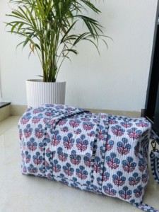 Hand-Block Printed White Floral Quilted Duffle Bag <b>Handmade</b> Cotton Luxury Sport Portable Travel Bag Indian Weekender Zipper - Product Image 3