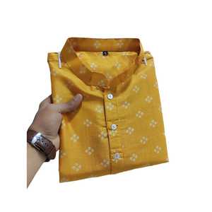 ROPA FORMAL PURA SEDA ESTAMPADO TRABAJO HOMBRE KURTA CON PAYJAMA AMARILLO - Product Image 1