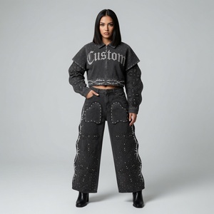 Custom Women Set Denim Tracksuit Set Rhinestone Studded Cropped Jean <b>Jacket</b> Wide Leg Pants Washed Black <b>Gothic</b> Y2K Streetwear - Product Image 1