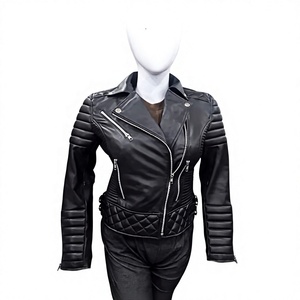 Custom Women Black Genuine Cowhide Leather Biker <b>Jacket</b> Quilted Shoulder Asymmetrical Zip Moto Coat - Product Image 1
