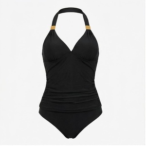 Maillot de bain une pièce noir pour femme avec dos nu, effet ventre plat froncé, soutien-gorge push-up et taille haute, couleur unie - Product Image 1