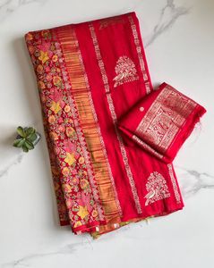 Sari indien de boutique en Khadi, style Gujarati, avec motif floral et oiseaux, tissé à la main, séchage rapide, pour femme, tenue de mariage, sari de mariée traditionnel - Product Image 1
